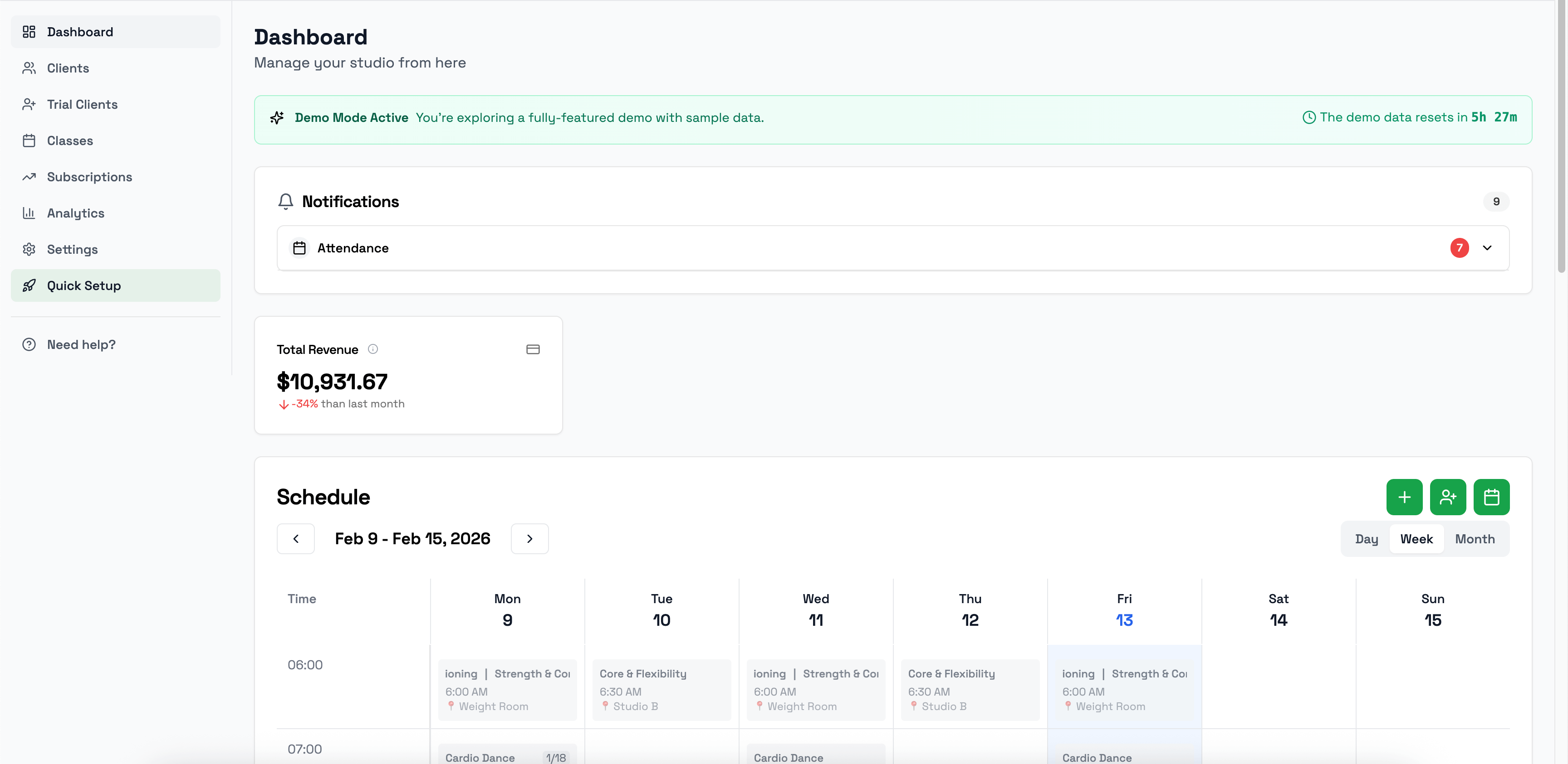 Tatami dashboard — client tracking, revenue, and attendance at a glance